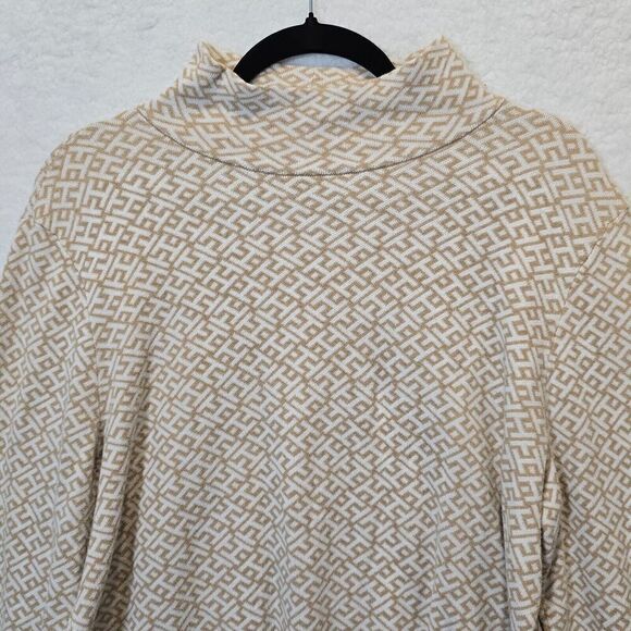 WOMENS TOMMY HILFIGER MONOGRAM LOGO TURTLENECK COTTON TAN & BEIGE SWEATER SZ XL - Picture 4 of 9